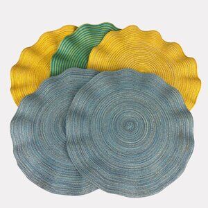 Pier 1 Imports Five Piece Round Ruffle Edge Placemats Blue Yellow Green Metallic